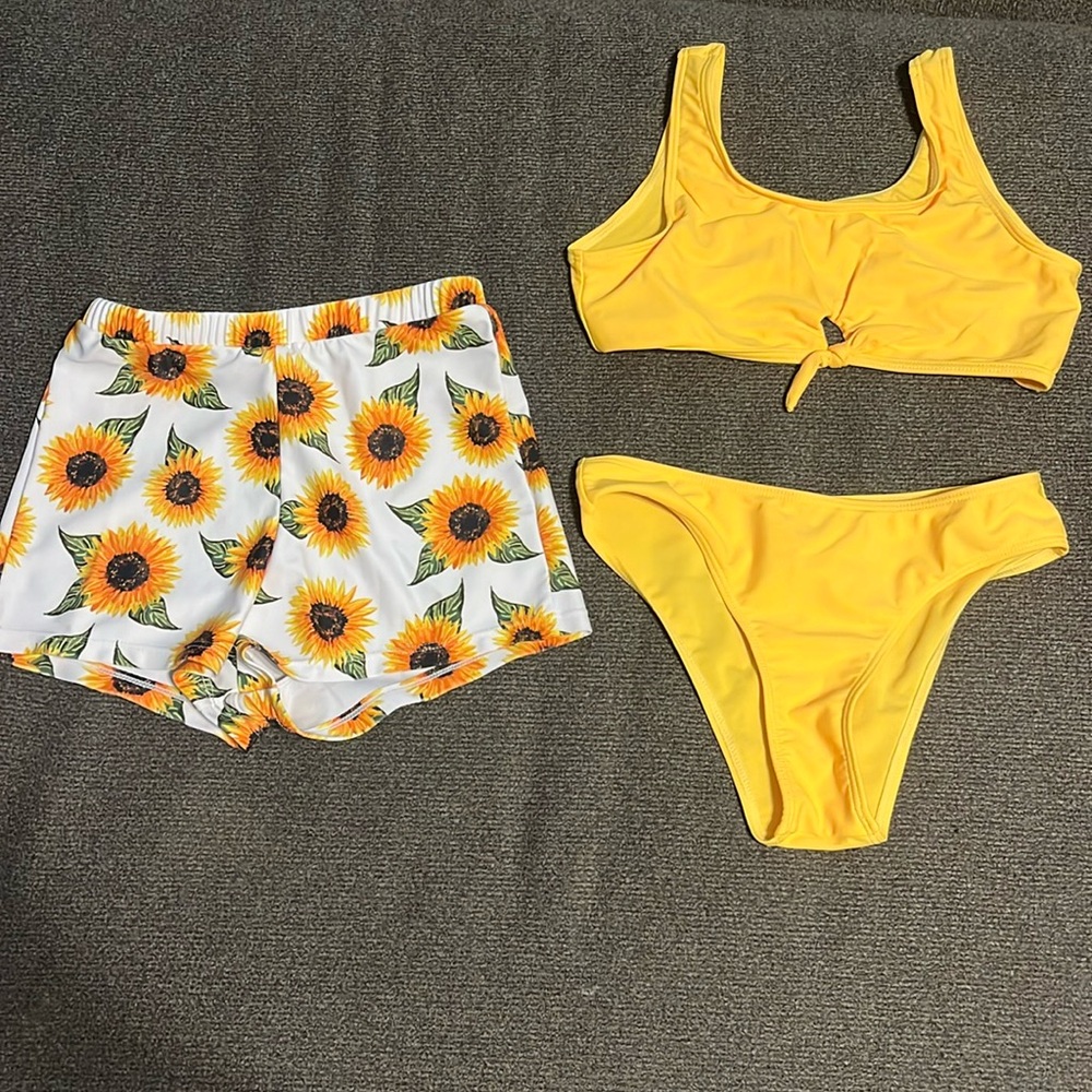Yellow bikini with sunflower cover up shorts size 10-11